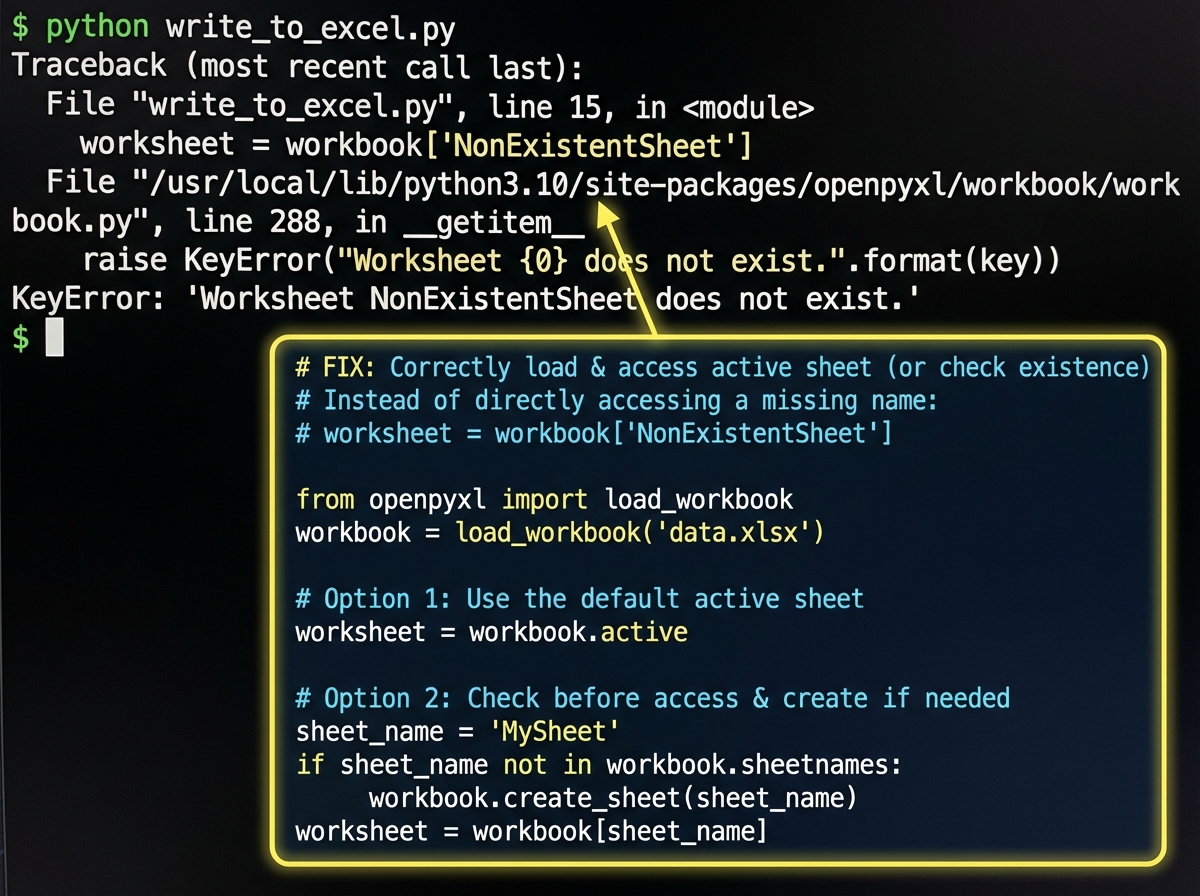 Python traceback showing openpyxl KeyError when writing to a named Excel sheet that doesn't exist, with annotation showing the correct load_workbook and active sheet assignment fix