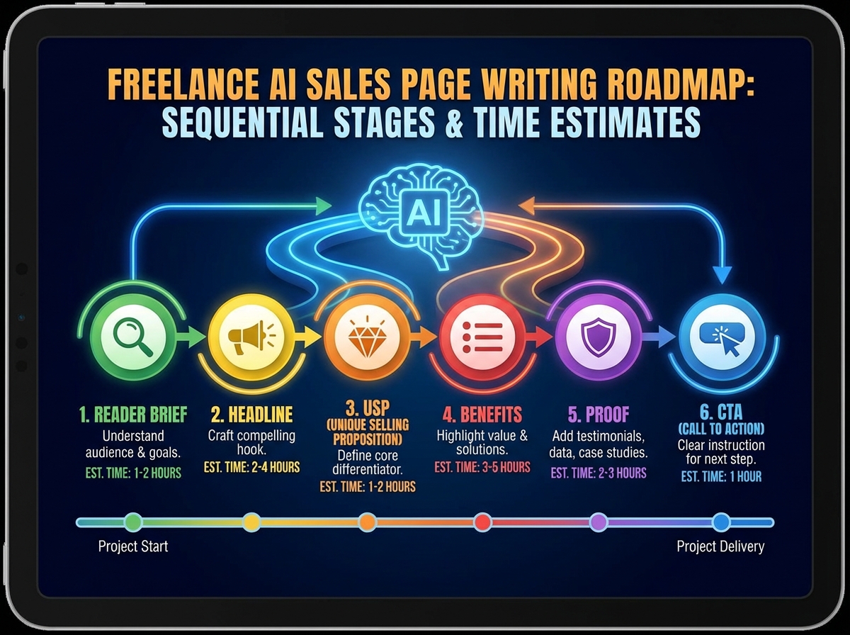 AI sales page writing roadmap showing sequential stages from reader brief through headline, USP, benefits, proof, and CTA with estimated time per stage for a freelance copywriter