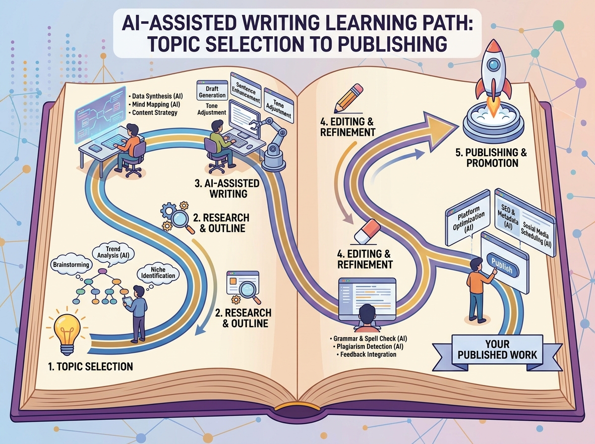 Learning path from topic selection to publishing with AI-assisted writing