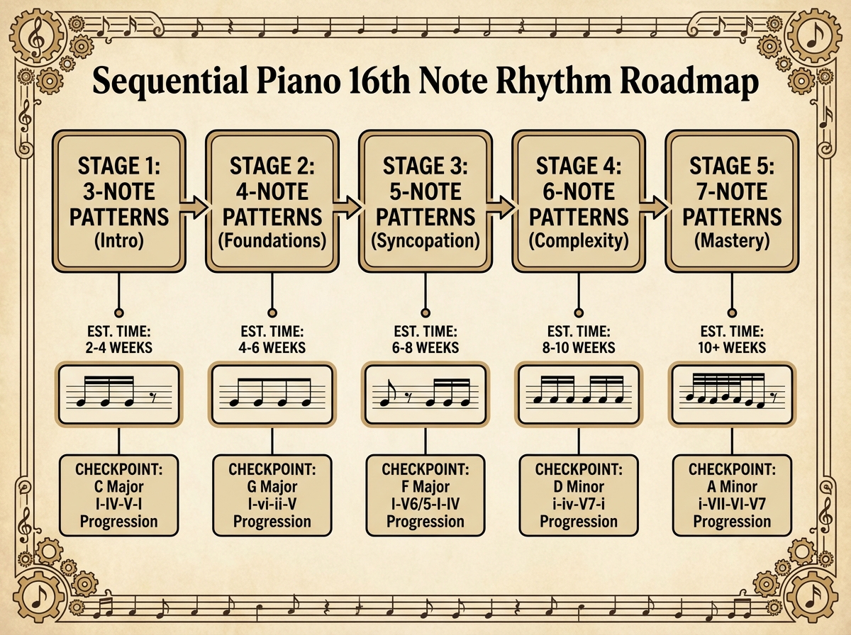 Sequential learning roadmap for piano 16th note rhythm patterns showing five stages from 3-note to 7-note with estimated time per stage and chord progression checkpoints