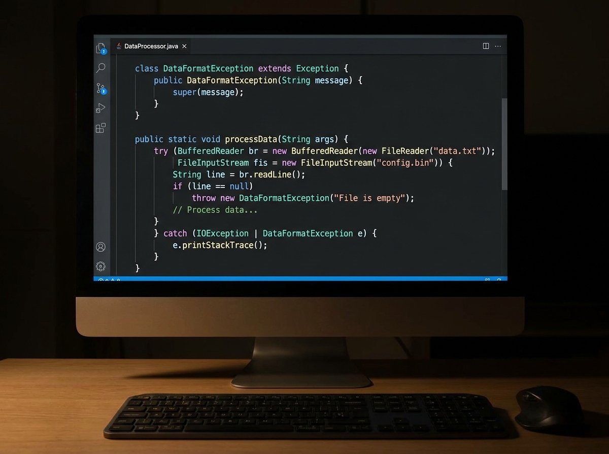Java exception handling code scene showing try-with-resources block for file IO, custom exception class definition, and multi-catch syntax with BufferedReader and FileInputStream example
