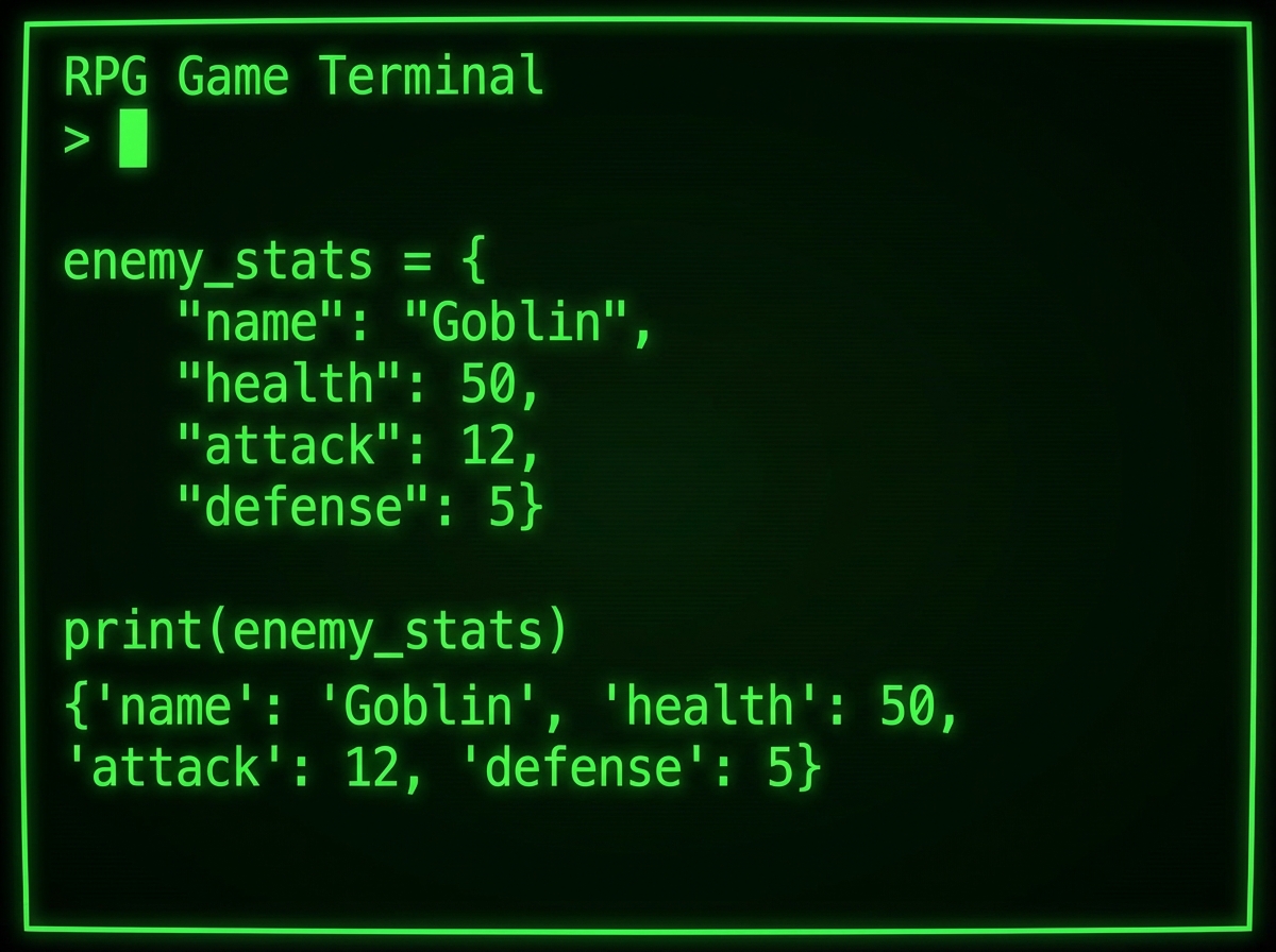 Python dictionary data structure example showing game enemy stats with keys for name, health, attack, and defense values printed to terminal in a text-based RPG