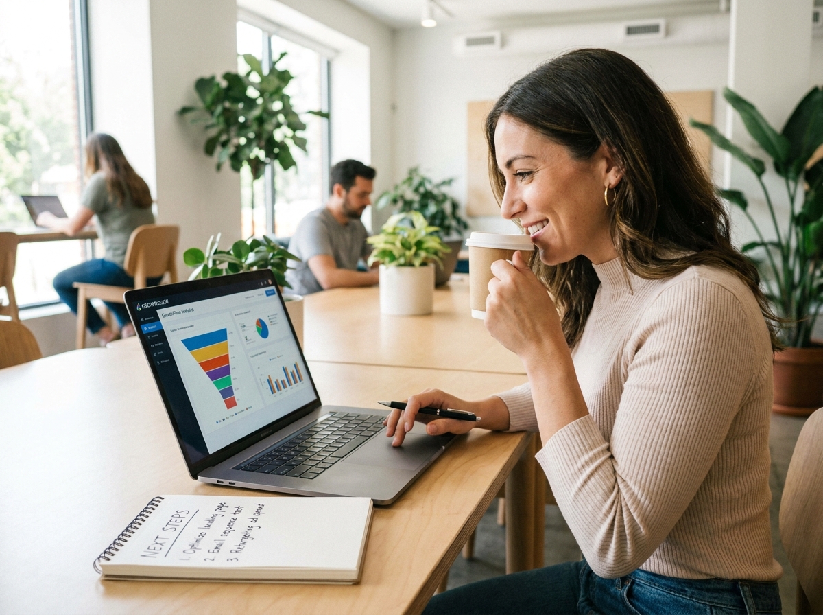 A marketer reviewing analytics on a laptop with funnel visualization and a notepad with next steps