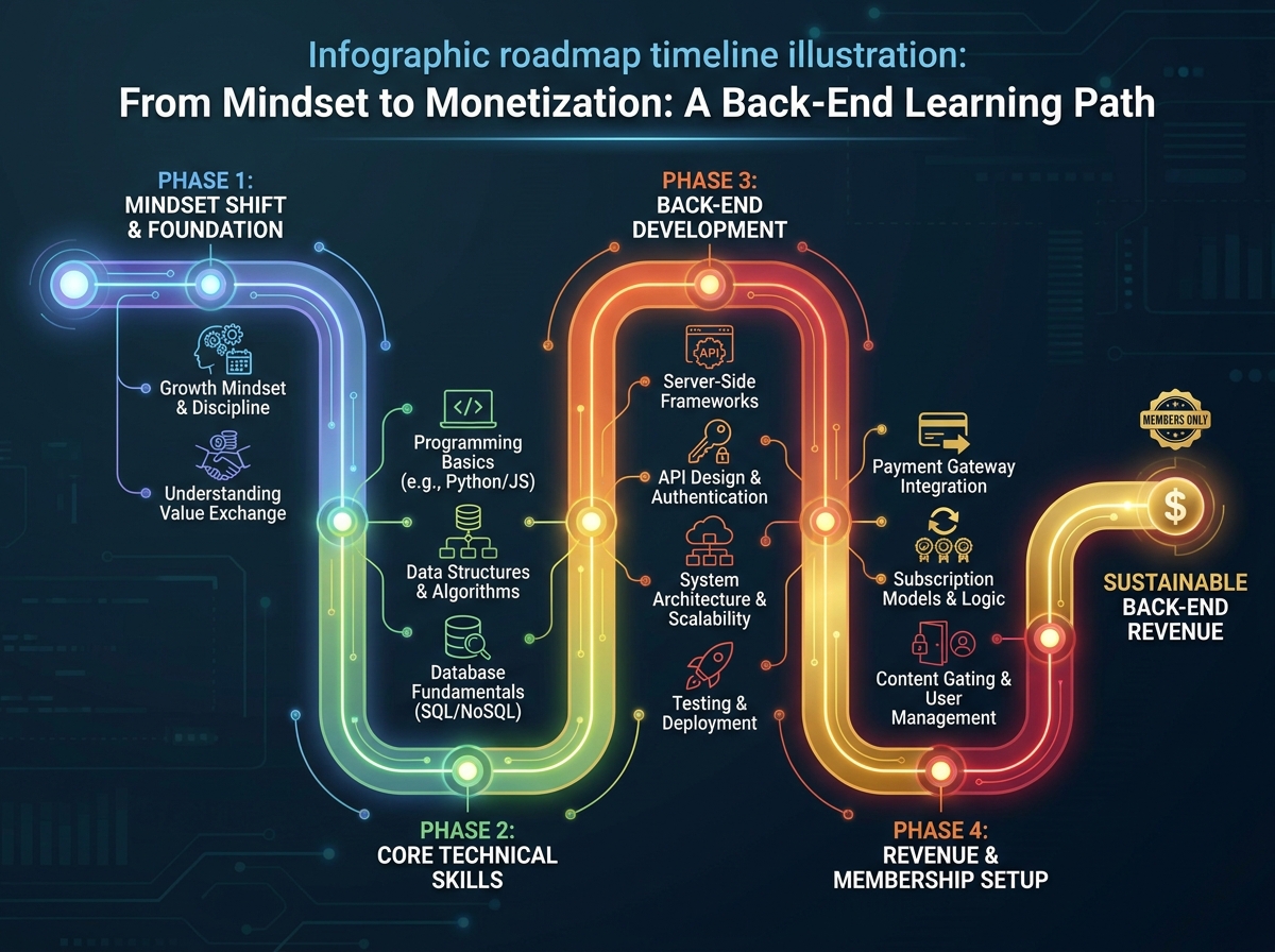 Learning path timeline from mindset change to back-end revenue and membership setup