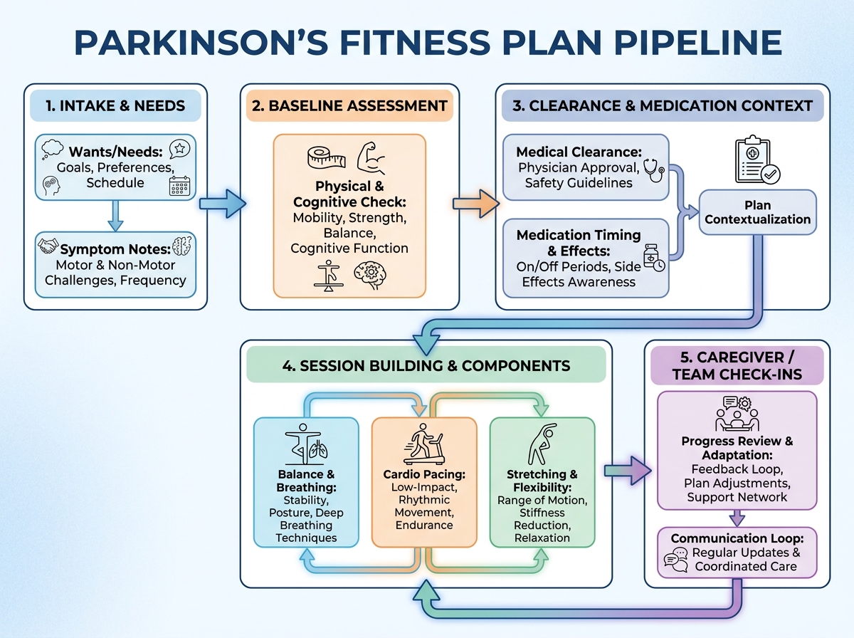 Pipeline diagram for a Parkinson’s fitness plan: intake asks wants/needs and symptom notes, then baseline assessment, then clearance and medication context, then session building (balance-breathing, cardio pacing, stretching), then caregiver/team check-ins.