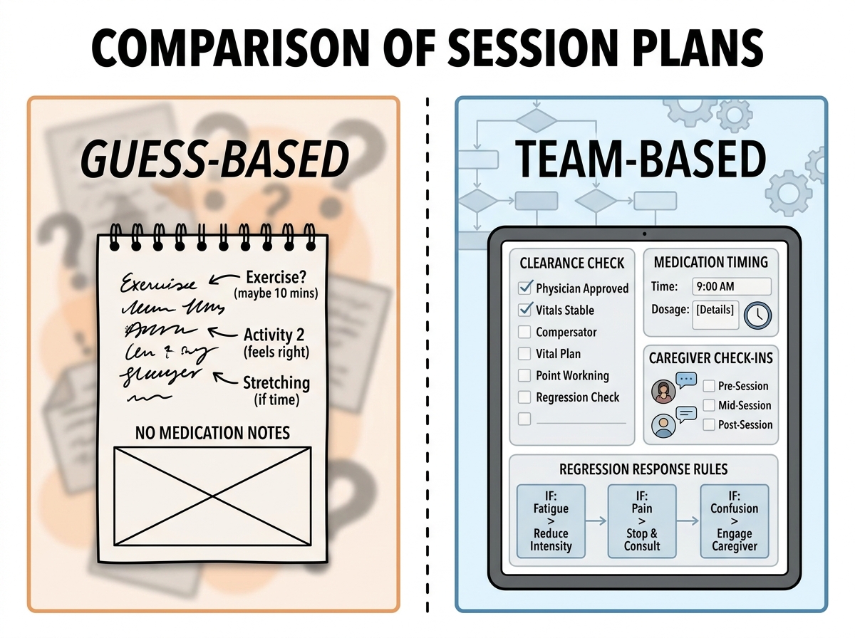 Side-by-side comparison of two session plans: left labeled “guess-based” shows unclear exercise boundaries and no medication notes; right labeled “team-based” shows clearance check, medication timing field, caregiver check-ins, and regression response rules.