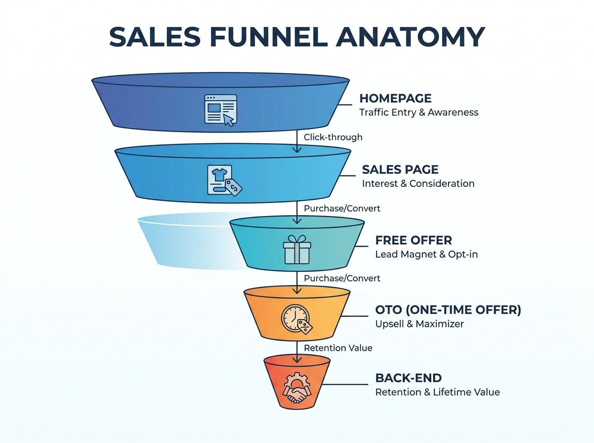 Sales funnel anatomy: homepage → sales page → free offer → OTO → back-end