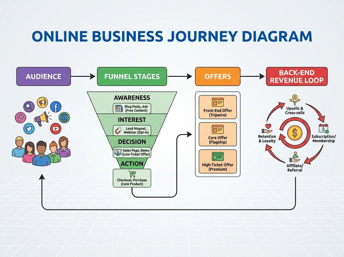 Online business journey diagram showing audience, offers, funnel stages, and back-end revenue loop
