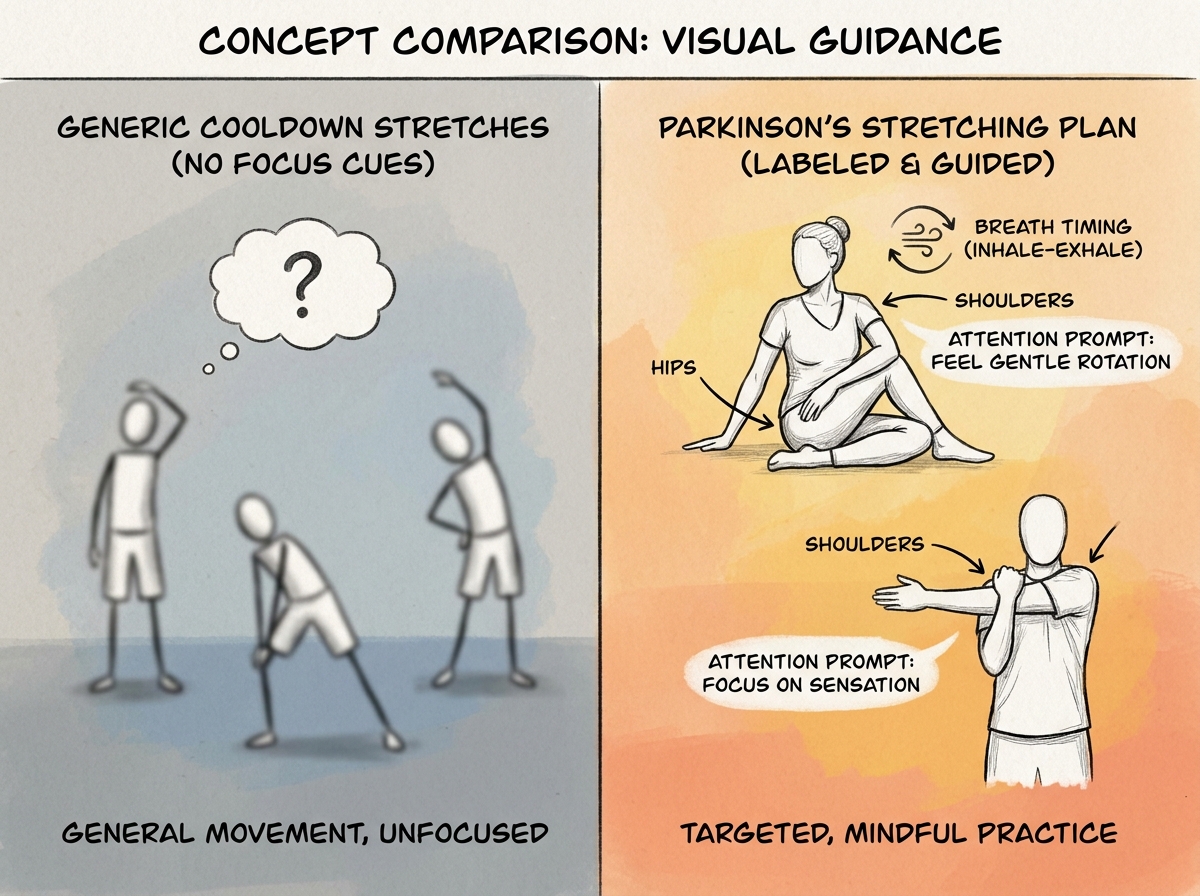 Concept image comparing two stretching styles: left shows generic cooldown stretches with no focus cues, right shows Parkinson’s stretching plan with labeled target joints (hips, shoulders), breath timing arrows, and attention prompts.